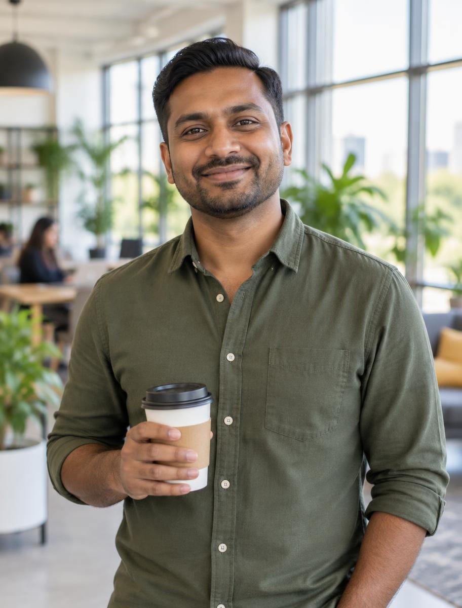 Glimlachende man met een koffiebeker in een open kantoor