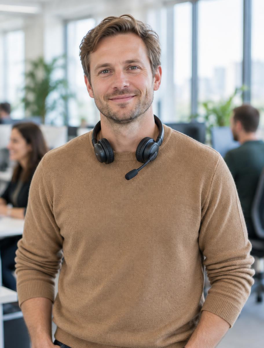 Man met een headset rond zijn nek, klaar voor het volgende gesprek